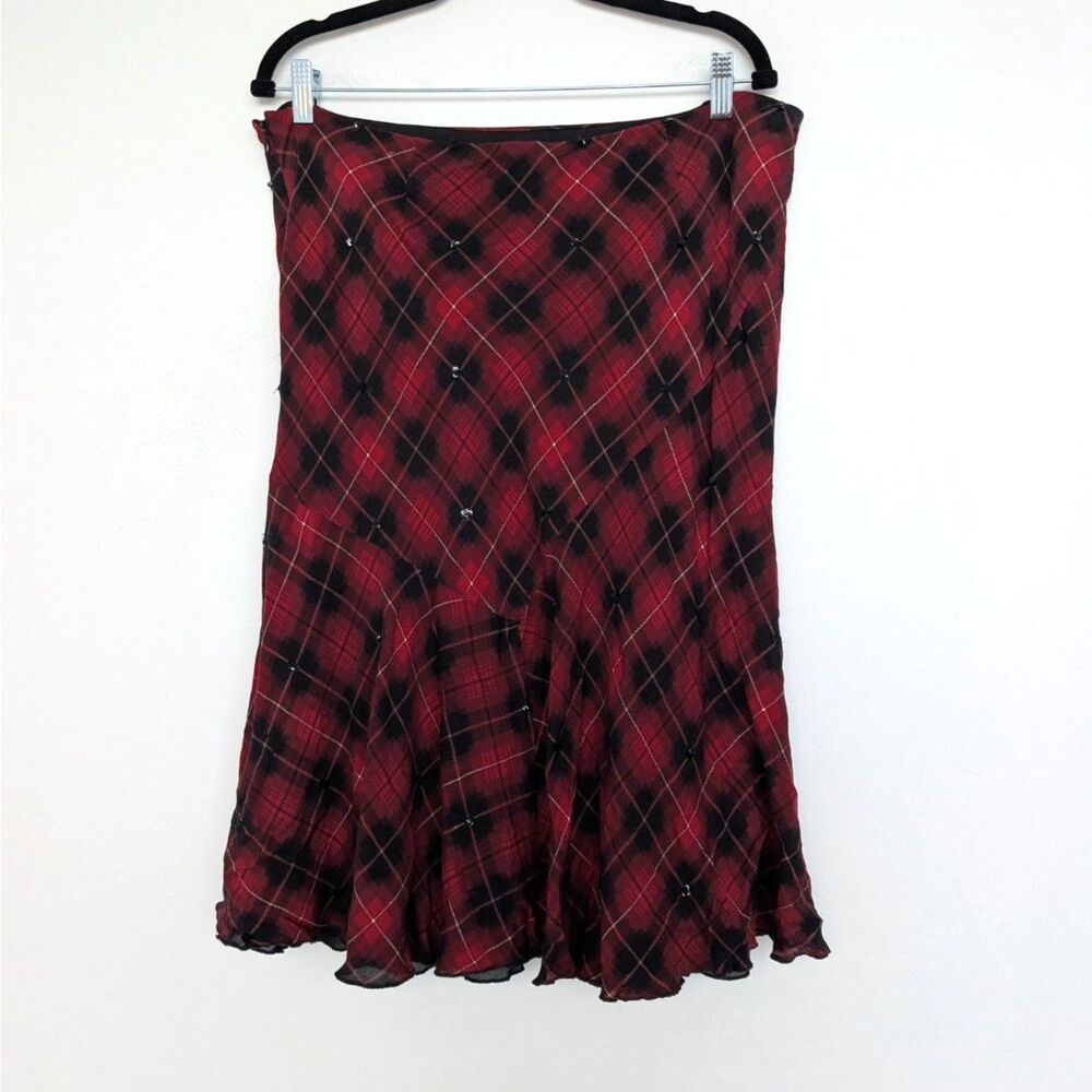 Y2K Vtg Silk Wool Blend Beaded Heritage Plaid Ruffled Midi Skirt Sz 16 Alfani